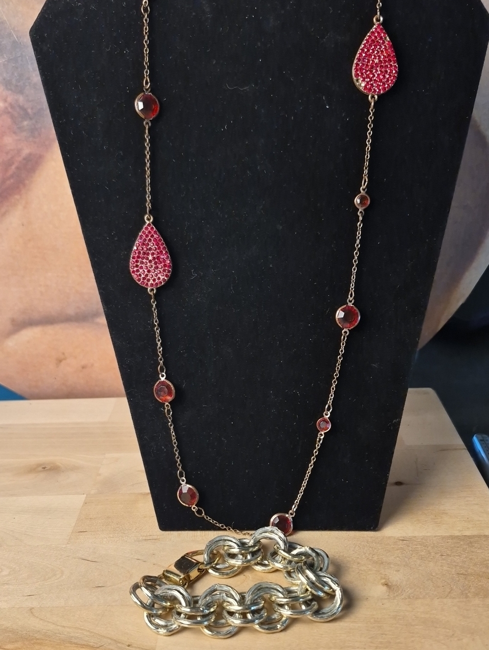 Long Red Teardrop & Bead Necklace with Gold Chain Bracelet